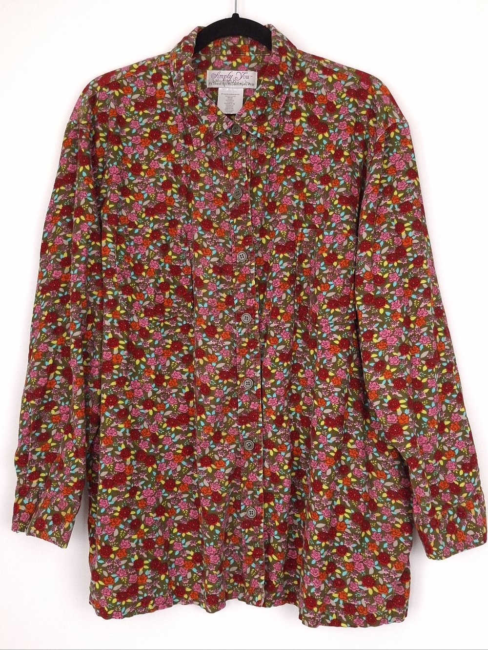 Vintage corduroy button up shirt floral shacket layering 90s whimsical brown